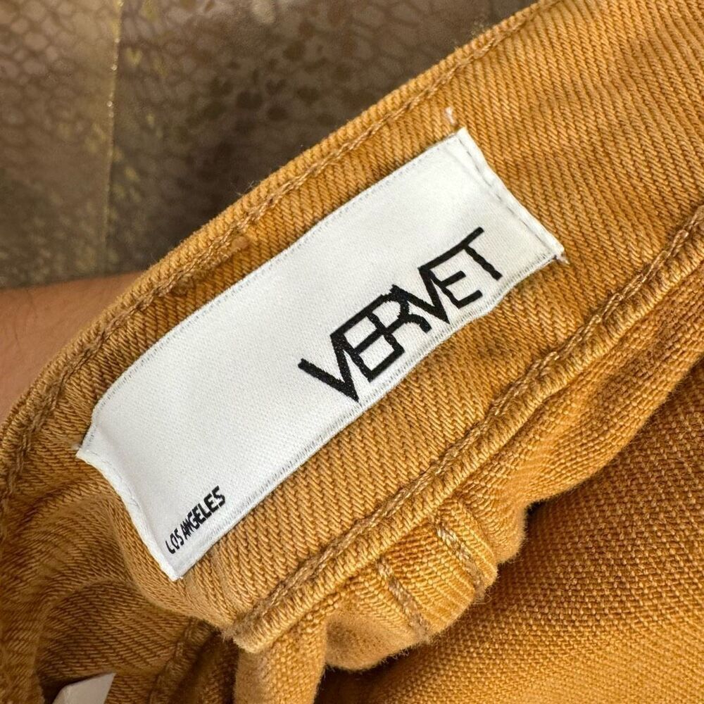Vervet Leslie Distressed Golden Mustard 90s Vintage Flare Jeans Size 26 - Picture 3 of 9